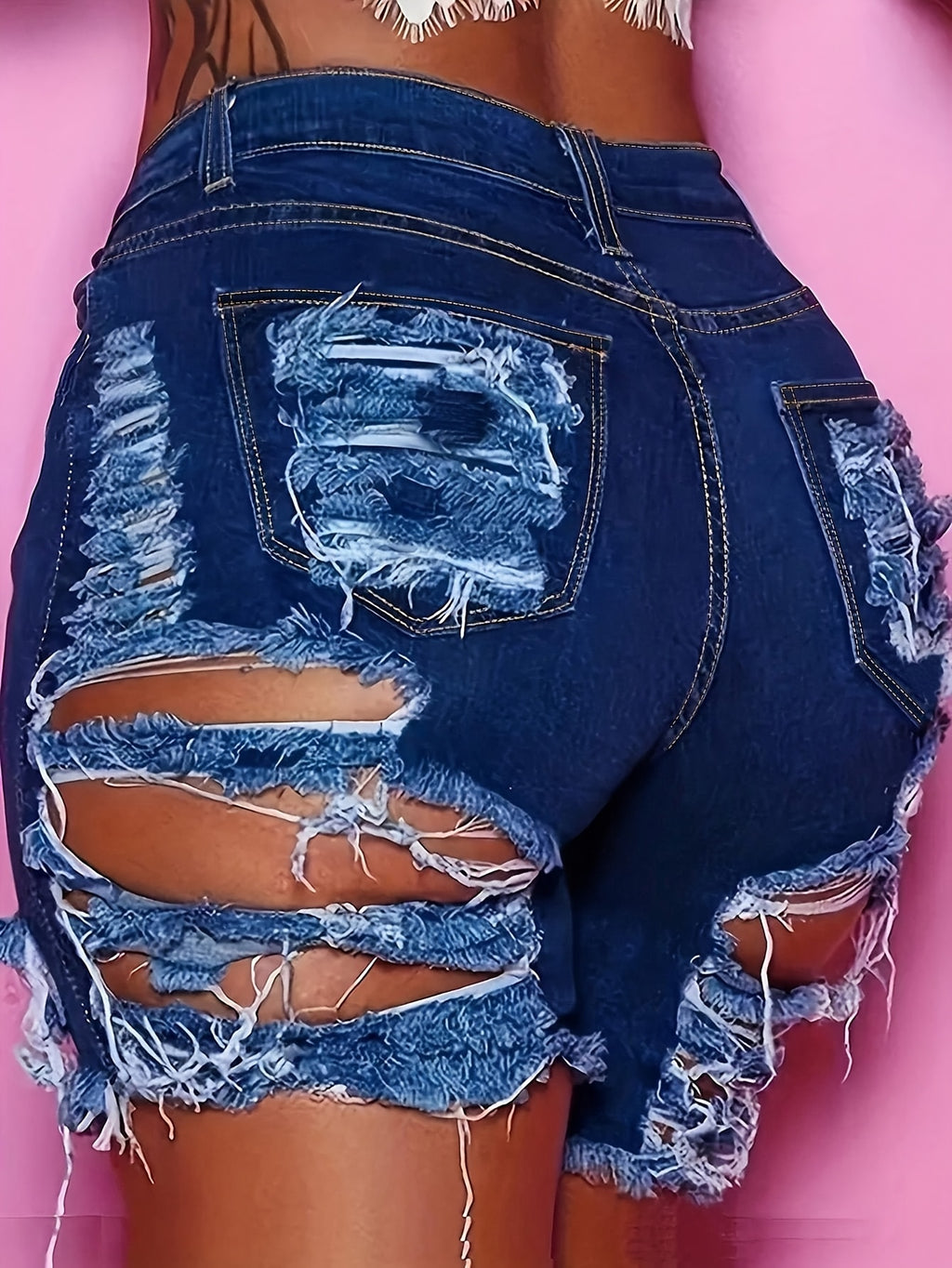 Ripped Denim Shorts Women High Waist Irregular Hem Skinny Jean Shorts with Pockets Sexy Casual Summer Hot Pants Black Dark Blue