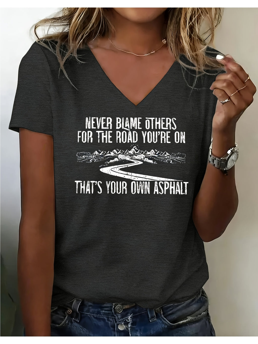 Women's V-Neck Short Sleeve Inspirational Print T-Shirt "Never Blame Others" Casual Breathable Top Multi-Color S-XXL
