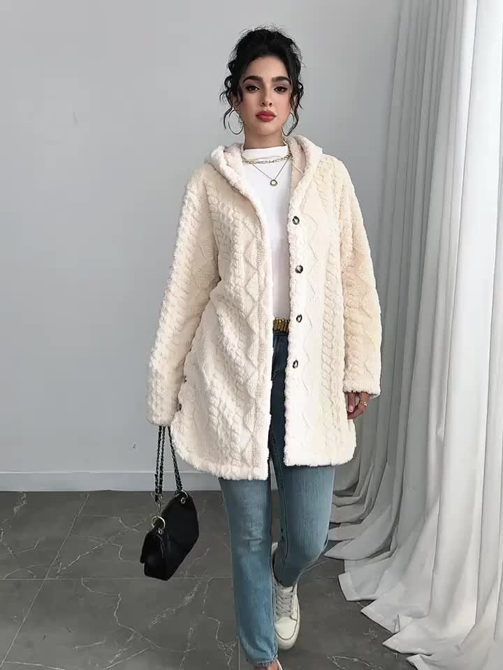 Hooded Fuzzy Coat Women Mid-Length Jacket with Buttons Soft Warm Fleece Fall Winter Outerwear 5 Colors S-XXL