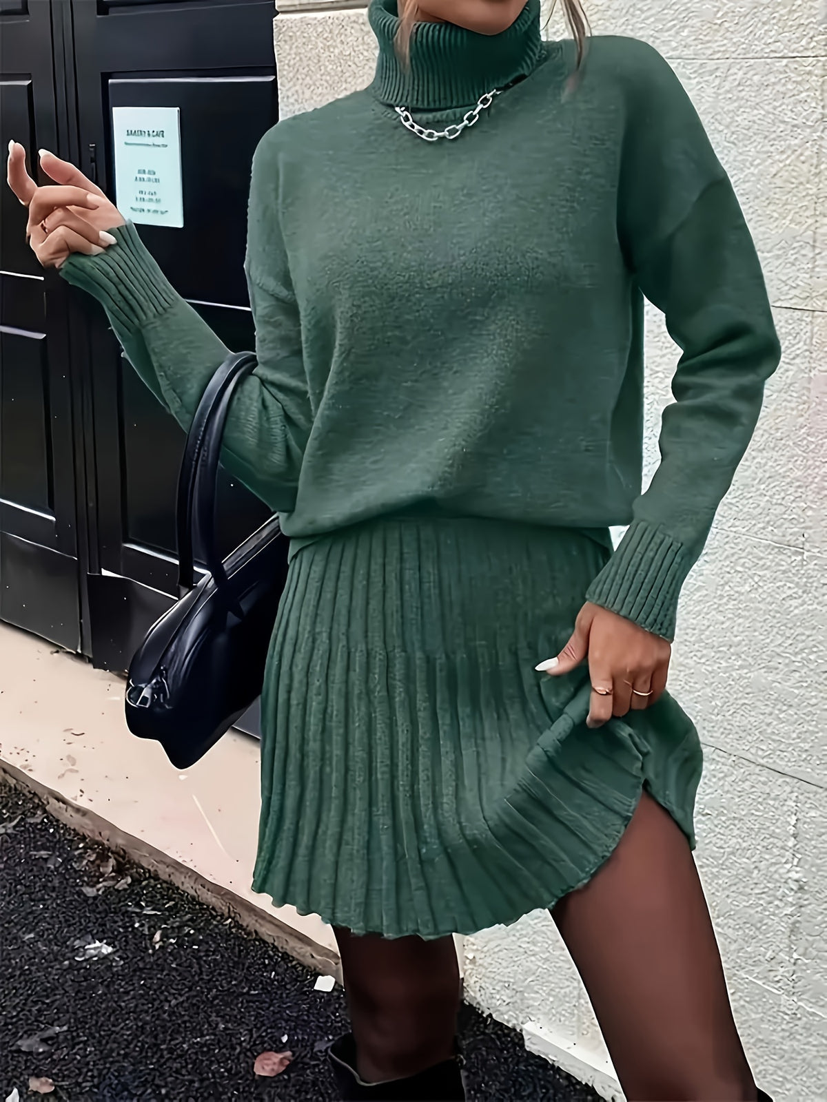 High-Neck Sweater Pleated Skirt Two-Piece Set Women Elegant Drop Shoulder Long Sleeve | Chic Knit Top + Pleated Skirt Co-Ord for Fall Winter Office & Daily Wear