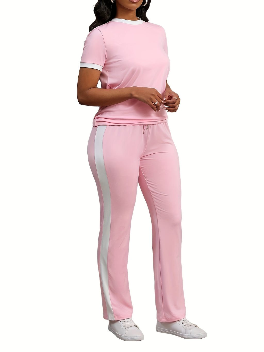 Women Colorblock 2 Piece Tracksuit Set Short Sleeve Crew Neck Top Striped Sweatpants Casual Lounge Jogger Matching Outfit for Workout Everyday Wear