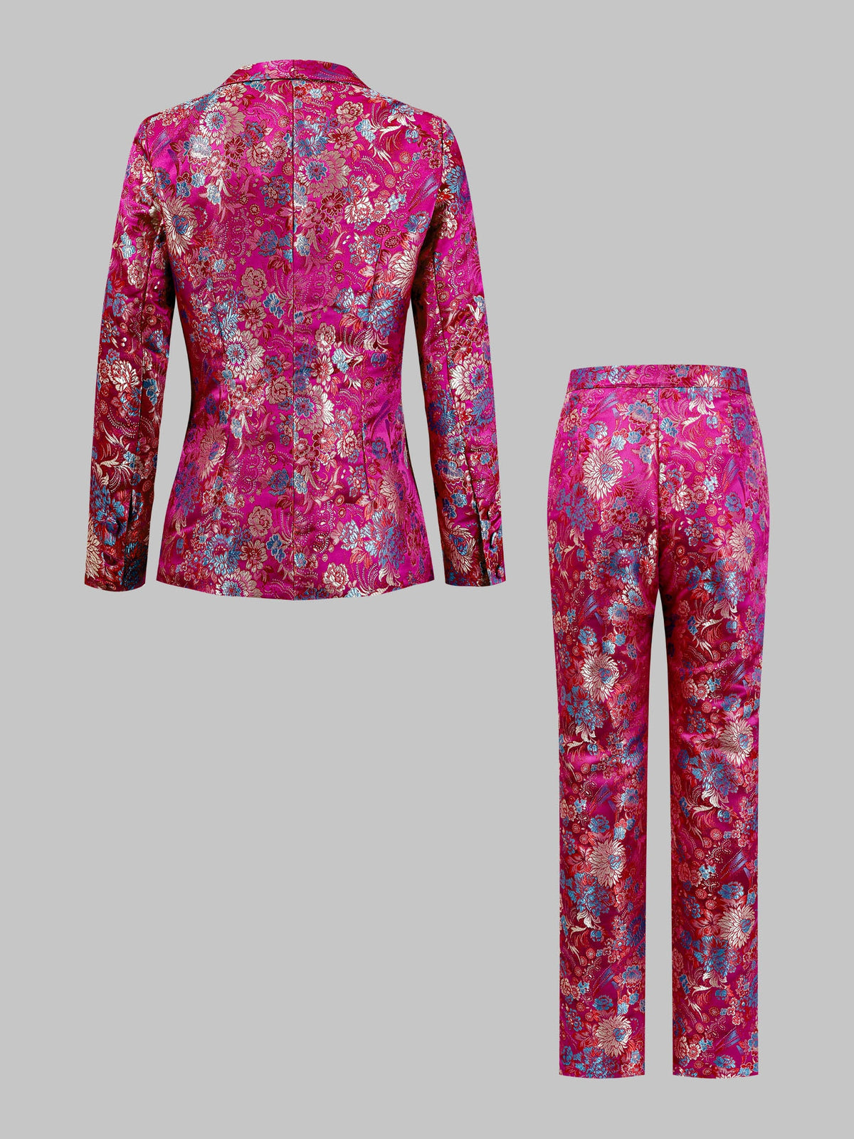 Floral Jacquard Suit Set Women Long Sleeve Satin Blazer and Straight Leg Pants V-Neck Pocket Formal Wedding Guest Red Carpet Outfit Rose Red Brown S-XXL