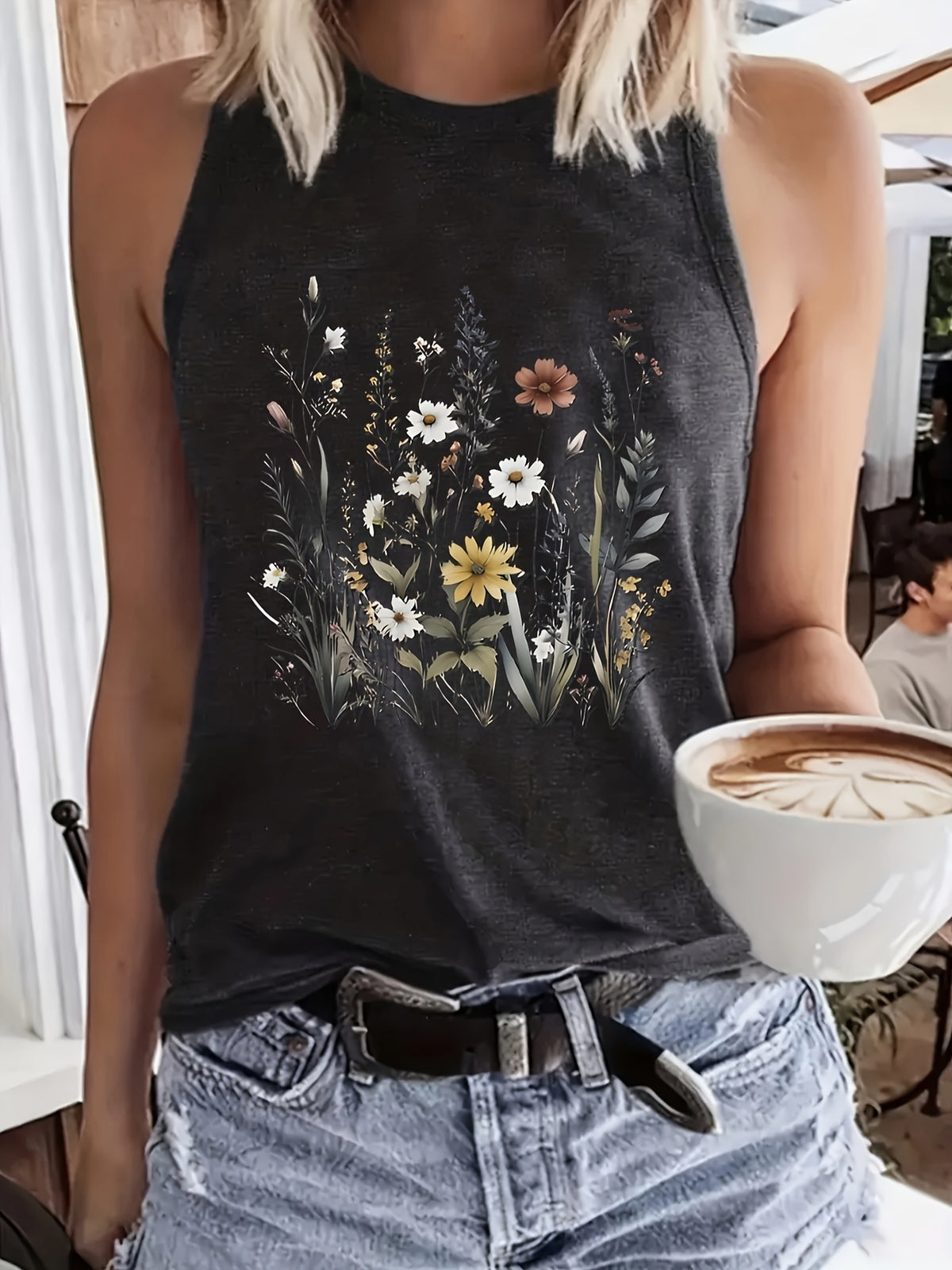 Graphic Print Tank Top Women Casual Crew Neck Sleeveless Tee Shirt Summer Workout Everyday Dark Gray S-XXL