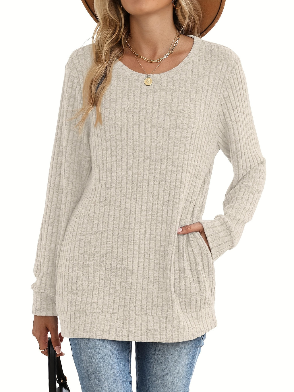 Oversized Sweater Dress Women Beige Long Sleeve Round Neck Tunic Pockets Cozy Casual All Season Machine Washable S-XXL