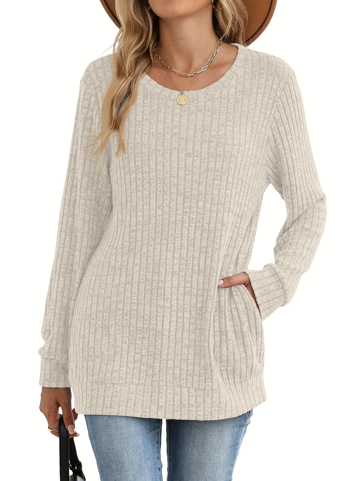 Oversized Sweater Dress Women Beige Long Sleeve Round Neck Tunic Pockets Cozy Casual All Season Machine Washable S-XXL