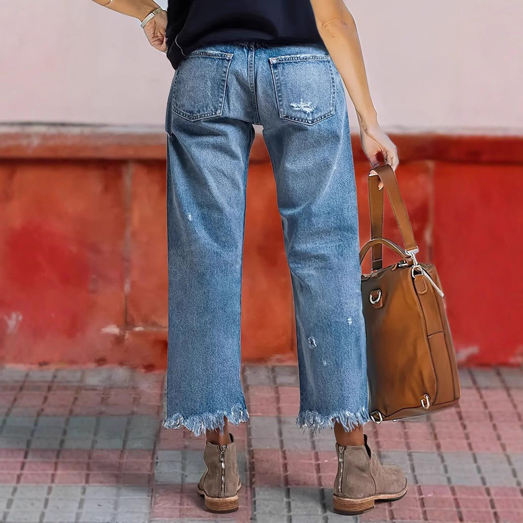 Tassel Hem Slim Jeans for Women Casual Straight Leg Blue Denim Pants All-Match Fringe Trouser Legs Everyday Fashion S-XXL
