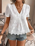 Women's Embroidered V-Neck Blouse 100% Polyester Woven Casual Elegant Top Short Sleeve Spring Summer Fall Everyday Comfort Shirt