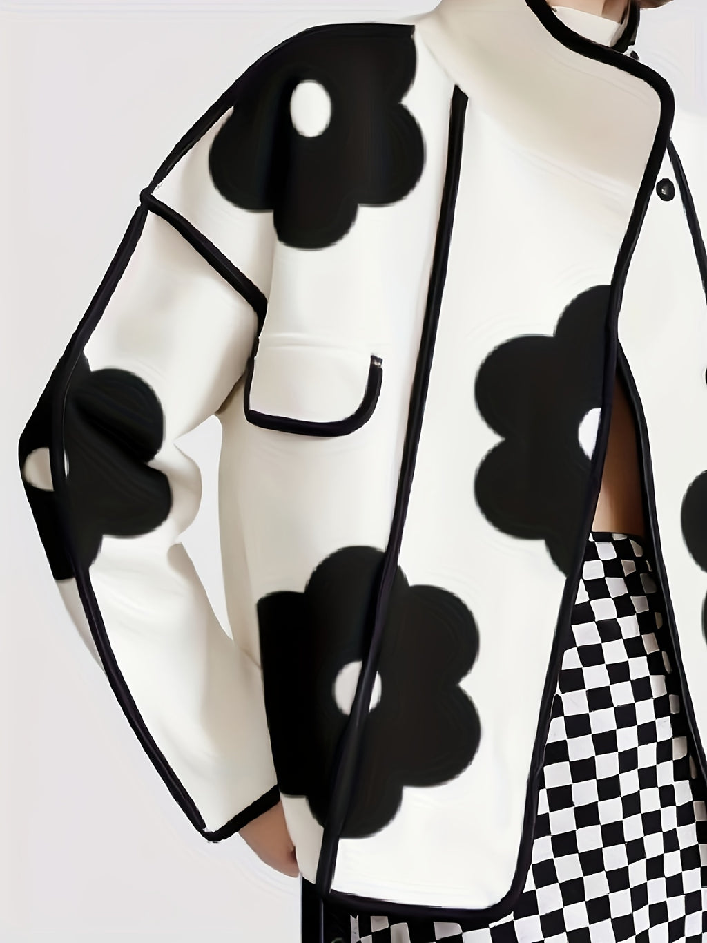 Floral Print Stand Collar Jacket for Women, Long Sleeve Contrast Color Loose Coat, Vintage Office Casual Fashion Outerwear for Spring Fall Winter, Black White