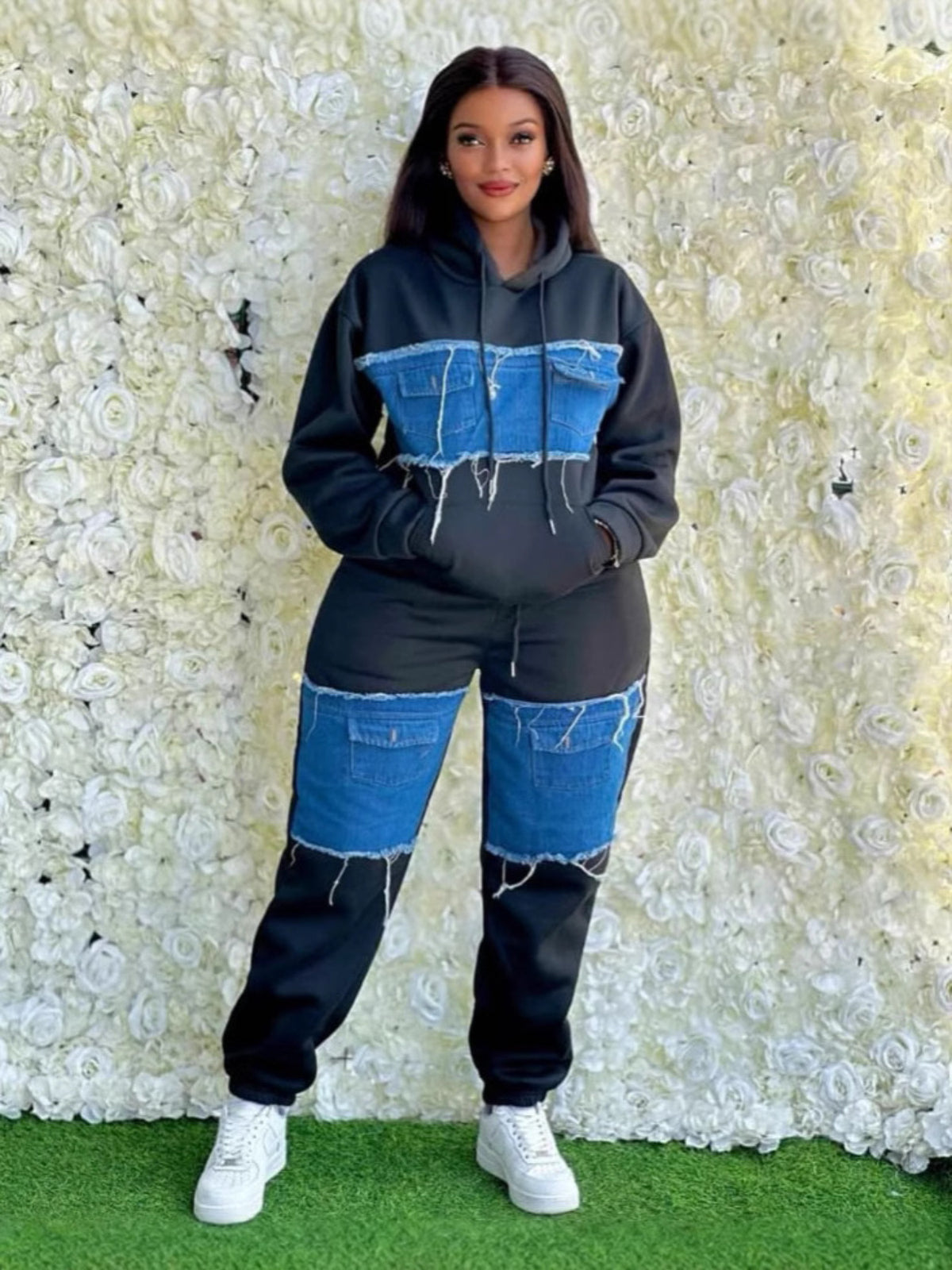 Color Block Sweatshirt Tracksuit Set for Women - Oversized Retro Streetwear Patchwork 2-Piece Casual Matching Outfit