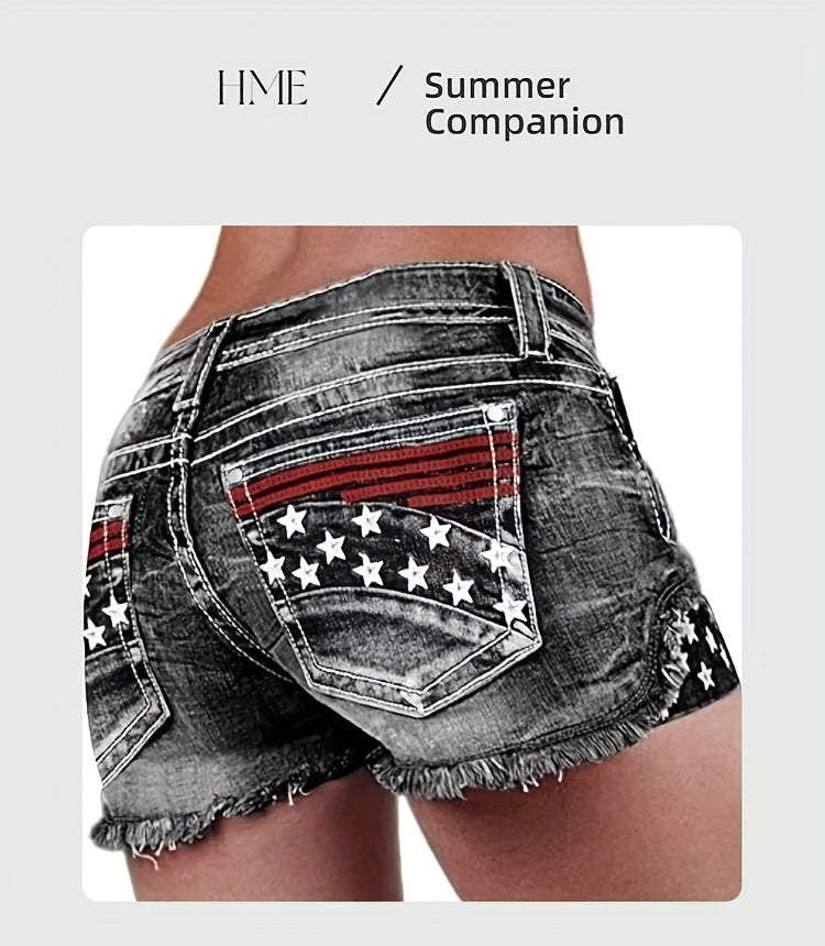 Women Star Striped American Flag Stretch Denim Shorts Patriotic Print Casual Summer Jean Shorts Grey XL