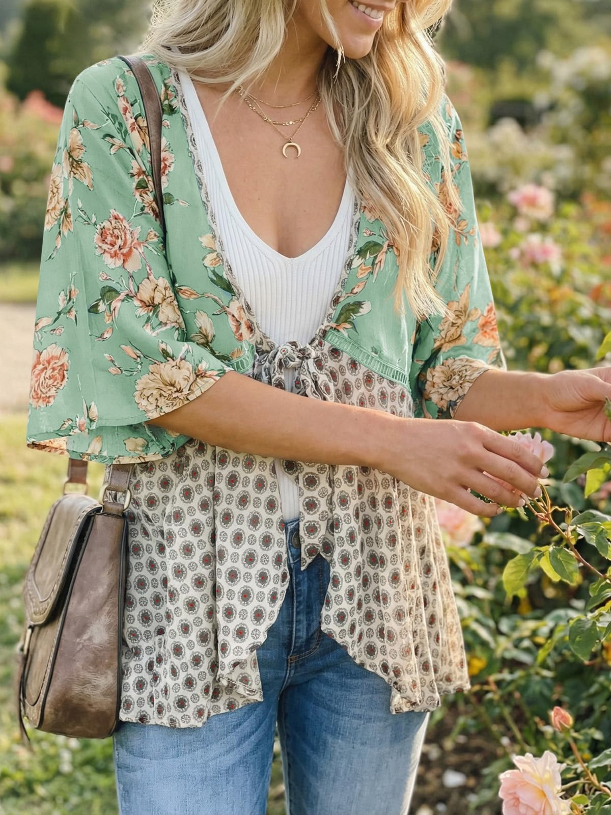 Floral Kimono Cardigan for Women – 3/4 Ruffle Sleeve Lightweight Patchwork Boho Tie Flowy Loose Cover-Up Top