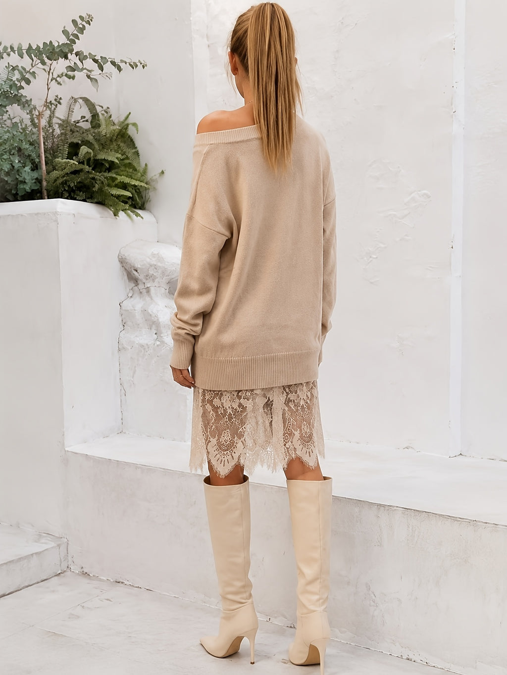 Off Shoulder Sweater Dress Women Lace Hem Long Sleeve Knit All Season Casual Elegant Daily Brunch Vacation Office Party Smooth Knit 180g