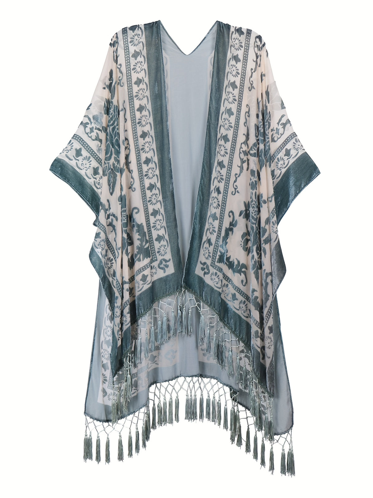 Boho Burnout Velvet Kimono Women Long Cardigan Cover Up Tassel Floral Embroidered One Size