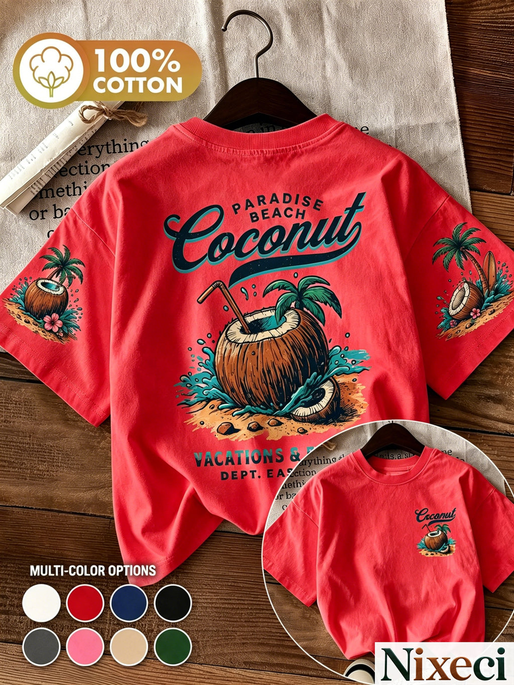 Tropical Palm Print T-Shirt for Women – Retro Hawaiian Coconut Tree Short Sleeve Crewneck Loose Beach Vacation Top, Casual Surfing Poolside Shirt