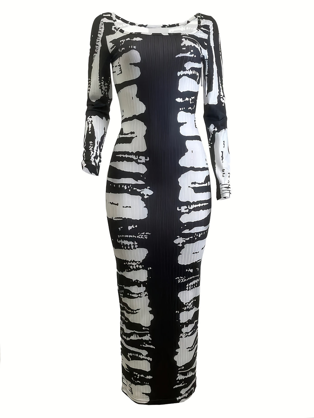 Tie-Dye Bodycon Maxi Dress Women Long Sleeve Ankle Length Contrasting Print Figure-Hugging Sexy Elegant Long Dress