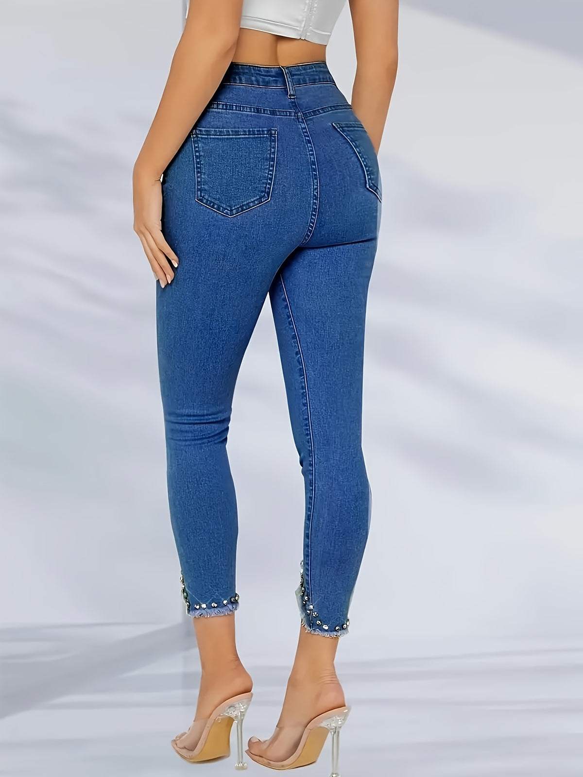 Women's Rhinestone High-Waisted Straight-Leg Jeans Fitted Denim Pants Medium Blue S-XXL