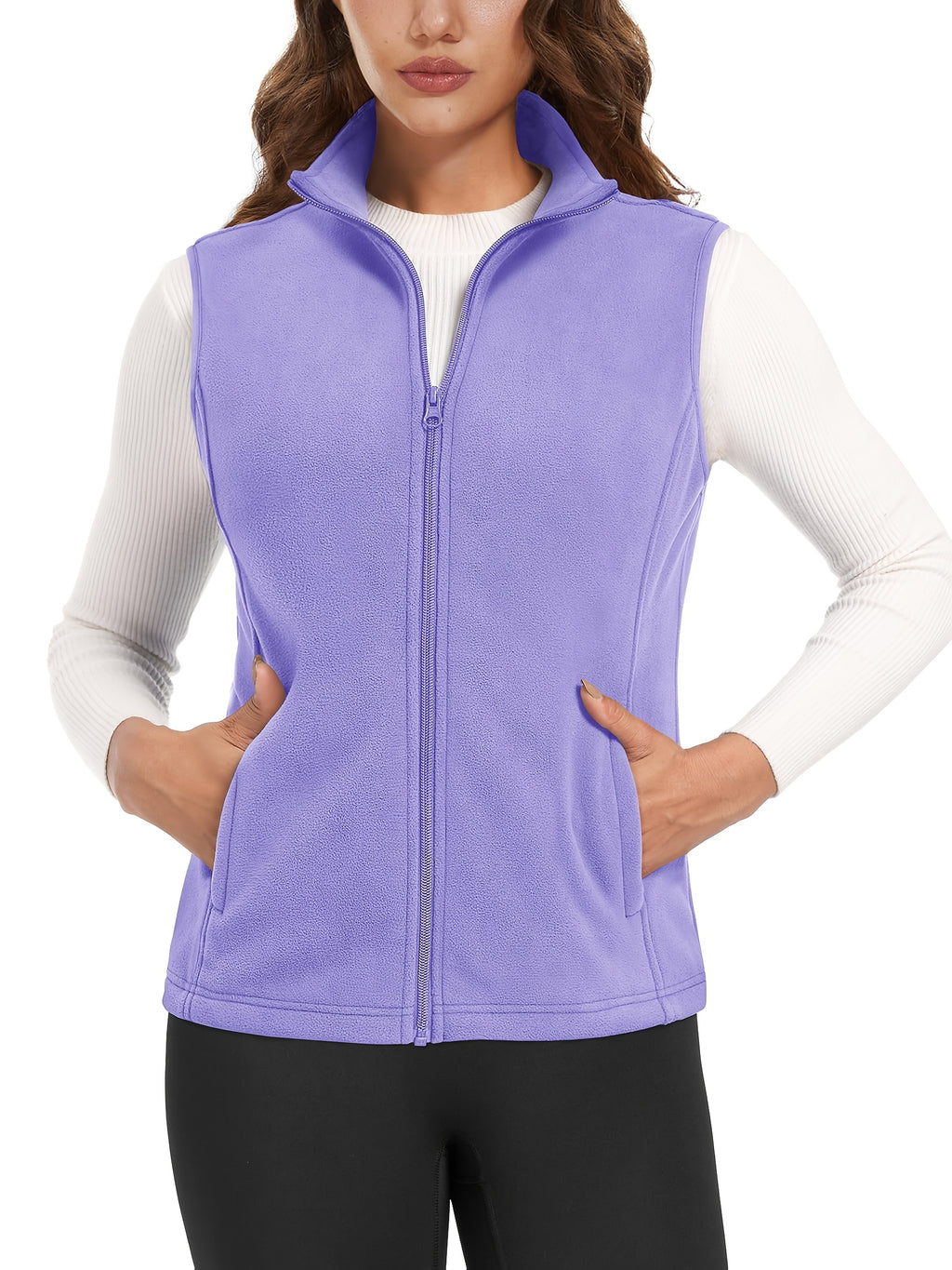 Women's Fleece Zip Vest Lightweight Warm Sleeveless Jacket Stand Collar 4 Pockets Windproof Outdoor Vest S-XXL