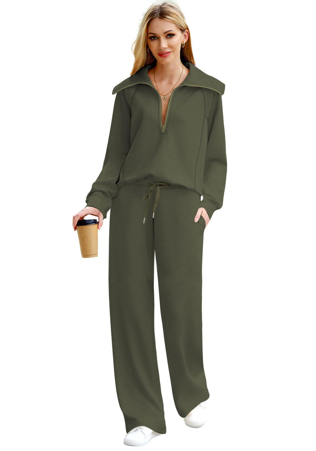 Zipper Sweatshirt Wide-Leg Pants 2 Piece Set Women Casual Tracksuit Outfit for Spring Fall - Loose Fit Jogger Co-ord Set