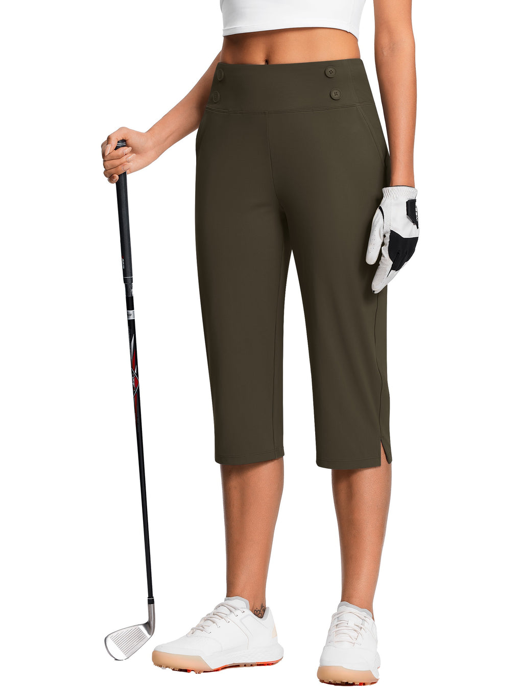 Dressy Stretch Capri Pants for Women High Waist – 18 Inch 82% Polyester 18% Spandex Knit, Elastic Waist Pockets Solid Color Work Casual Summer Spring Fall Comfortable Bottoms S-XXL