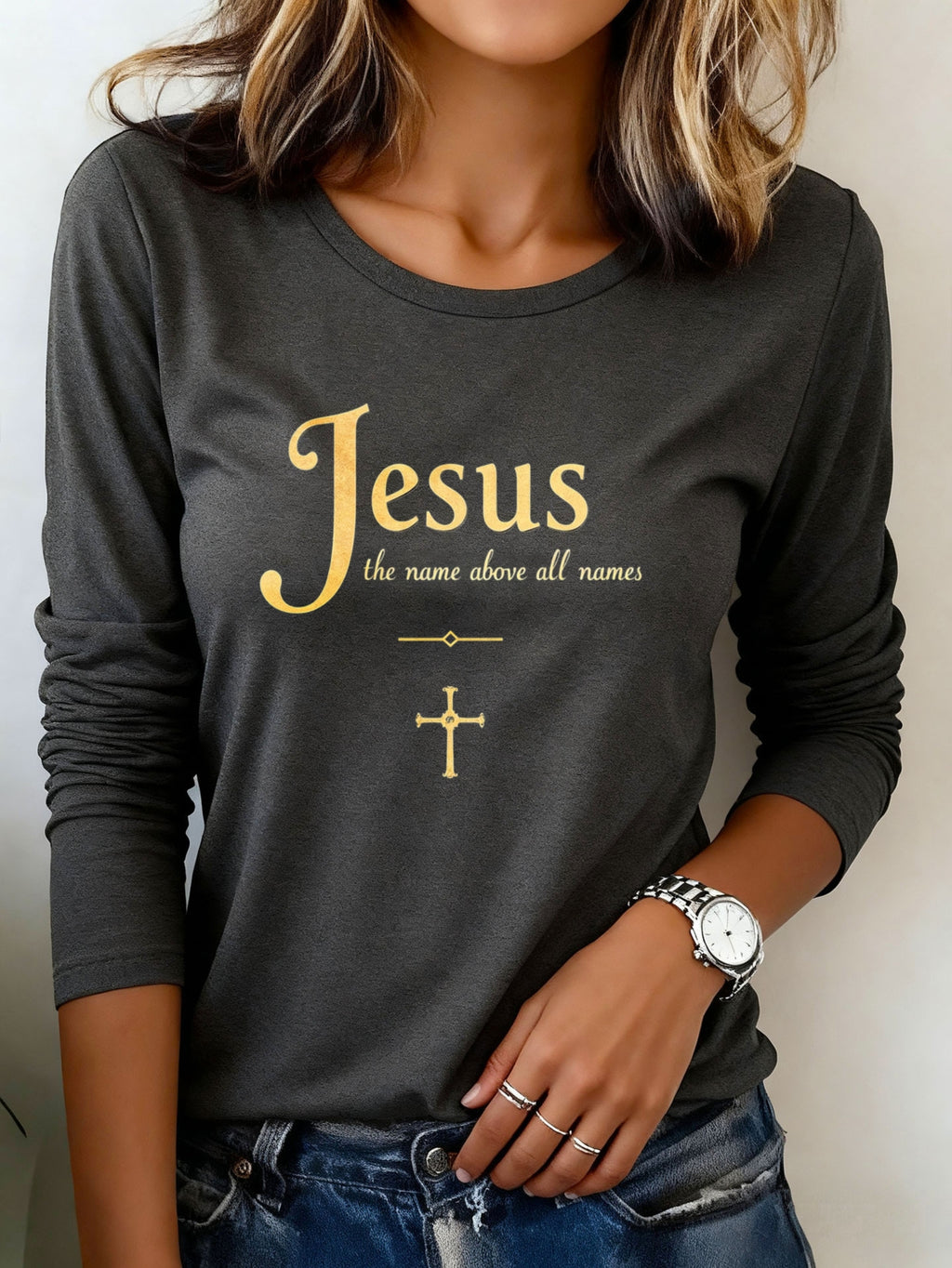 Jesus Graphic Long Sleeve T-Shirt Women Heavyweight 200g Christian Faith Tee Casual Holiday Party Outfit Top