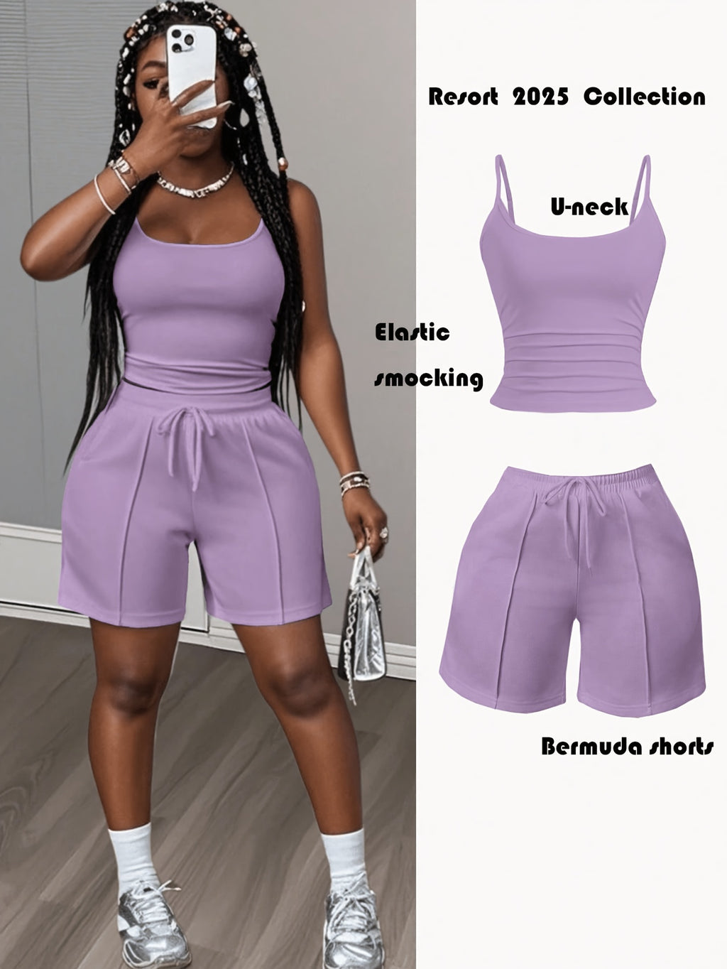 Cami Tank Top Sweat Shorts 2 Piece Set Women Slim Athletic Lounge Outfit Pockets Drawstring Athleisure Daily Wear S-XXL