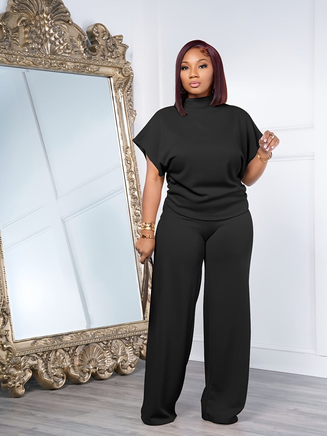 Women's Casual Sports Two-Piece Set Short Sleeve Semi-High Neck Loose Top + Wide-Leg Pants | Athleisure Tracksuit Coord for Spring Summer Daily Wear Lounge