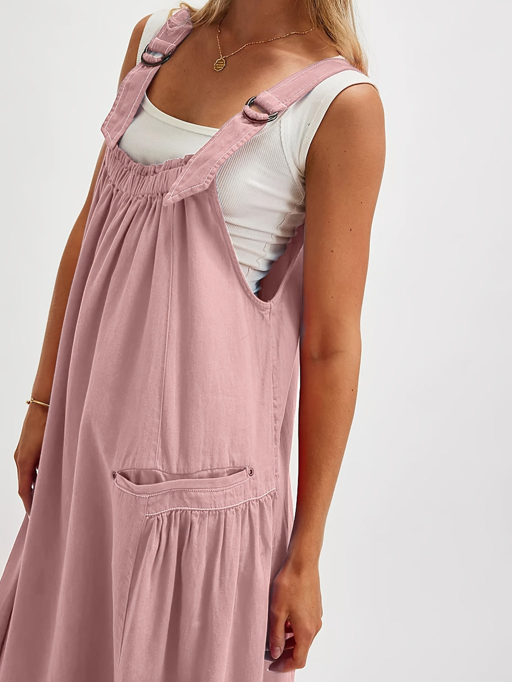 Overall Dress Women Loose Adjustable Strap Midi Length Big Pockets Workwear Casual Bib Jumper Dress Spring Summer S M L XL XXL