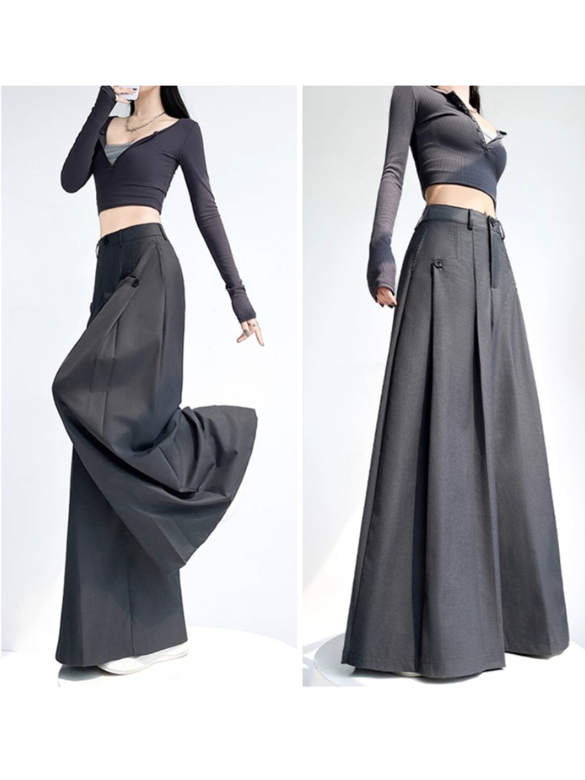 Pleated Wide Leg Pants Women High Waist Dark Grey Niche Design Trousers Spring Fall Date Occasion Chic Bottoms