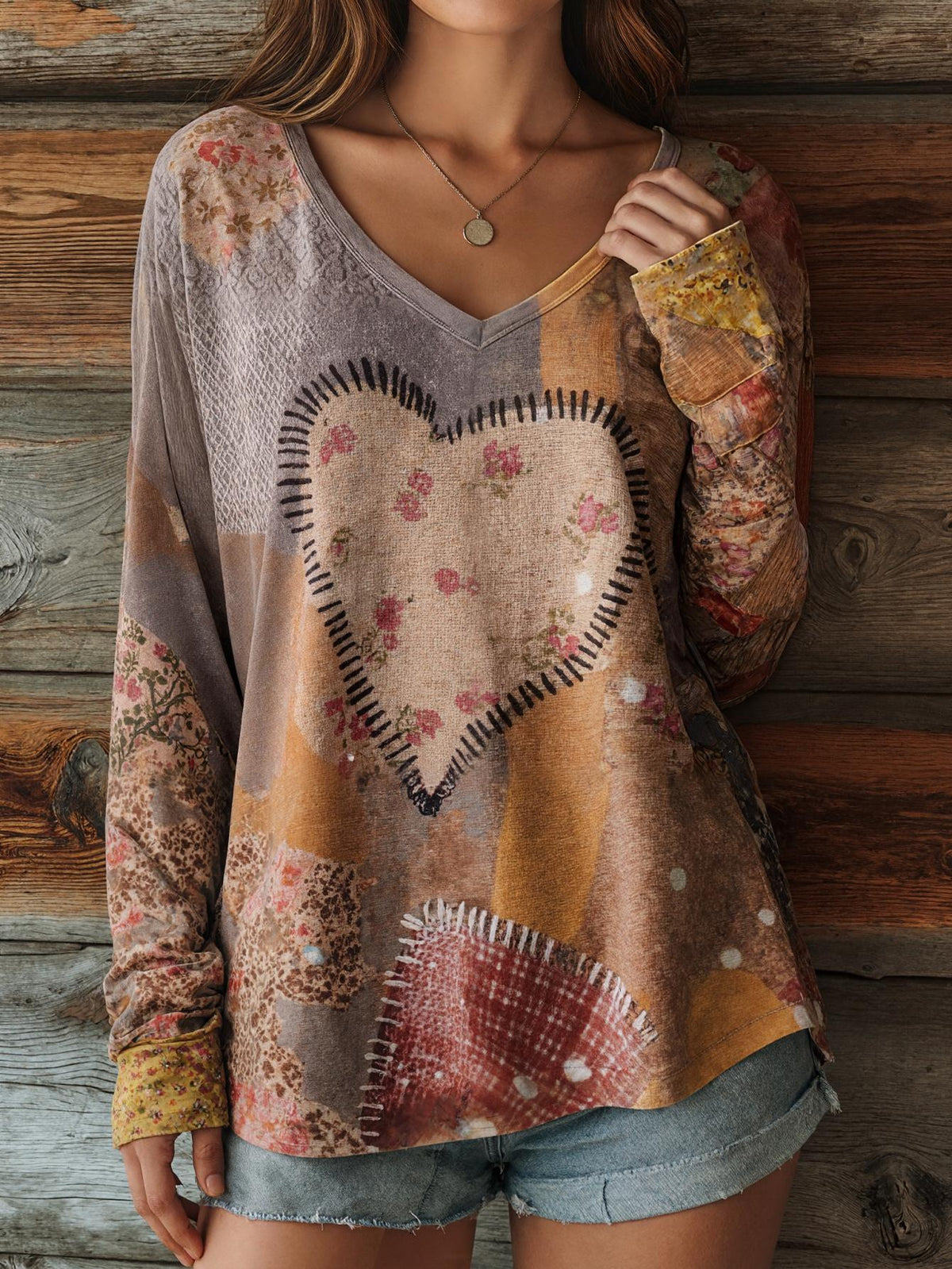 Heart Floral Patchwork Long Sleeve T-Shirt Women Vintage Retro V-Neck Loose Fit Casual Outdoor Fall Winter Top Soft Stretch Red S-XXL