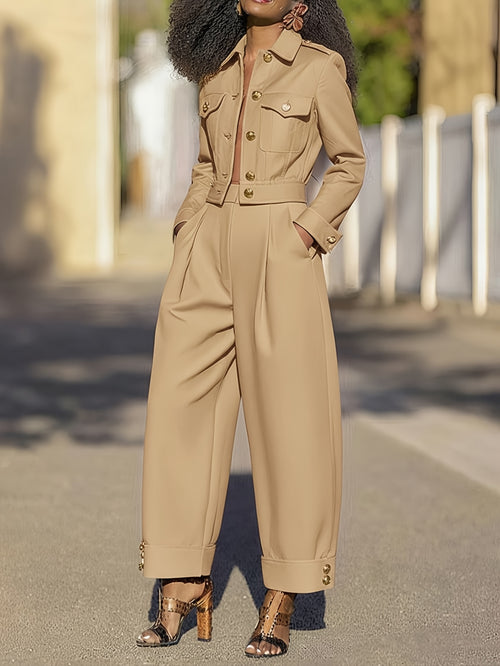 2pcs Workwear Wide-Leg Pants Set Women Metal Buckle Retro Fashion Casual Matching Outfit Everyday Unisex Style S-XXL