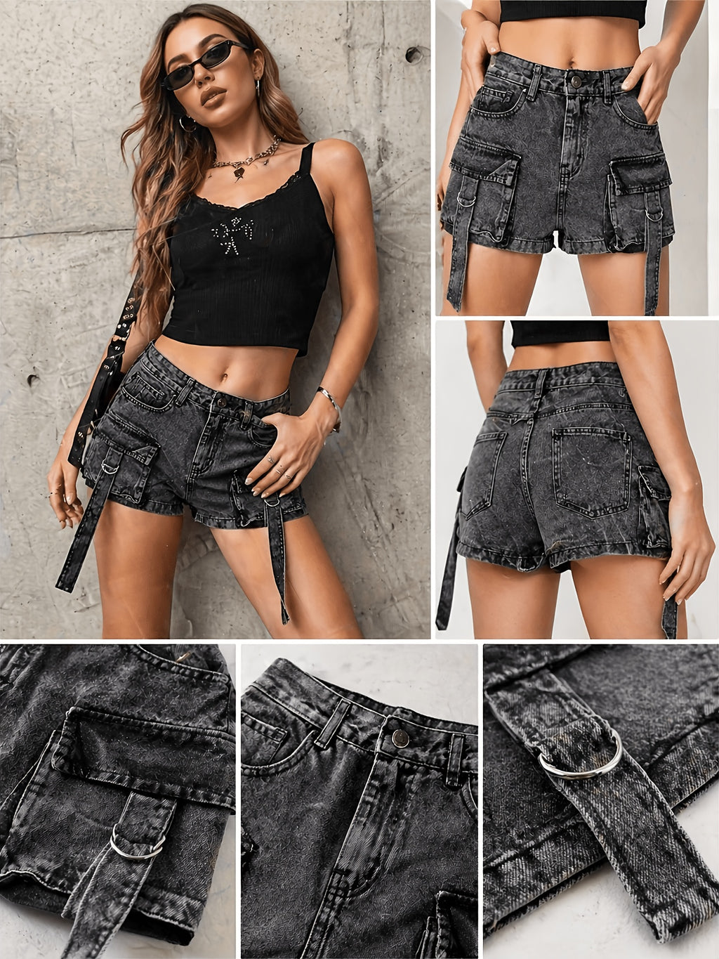 Y2K Black Denim Mini Skirt Women High Waist Goth Harajuku Stretch Multi-Pocket Streetwear Biker Aesthetic Spring Summer Fall