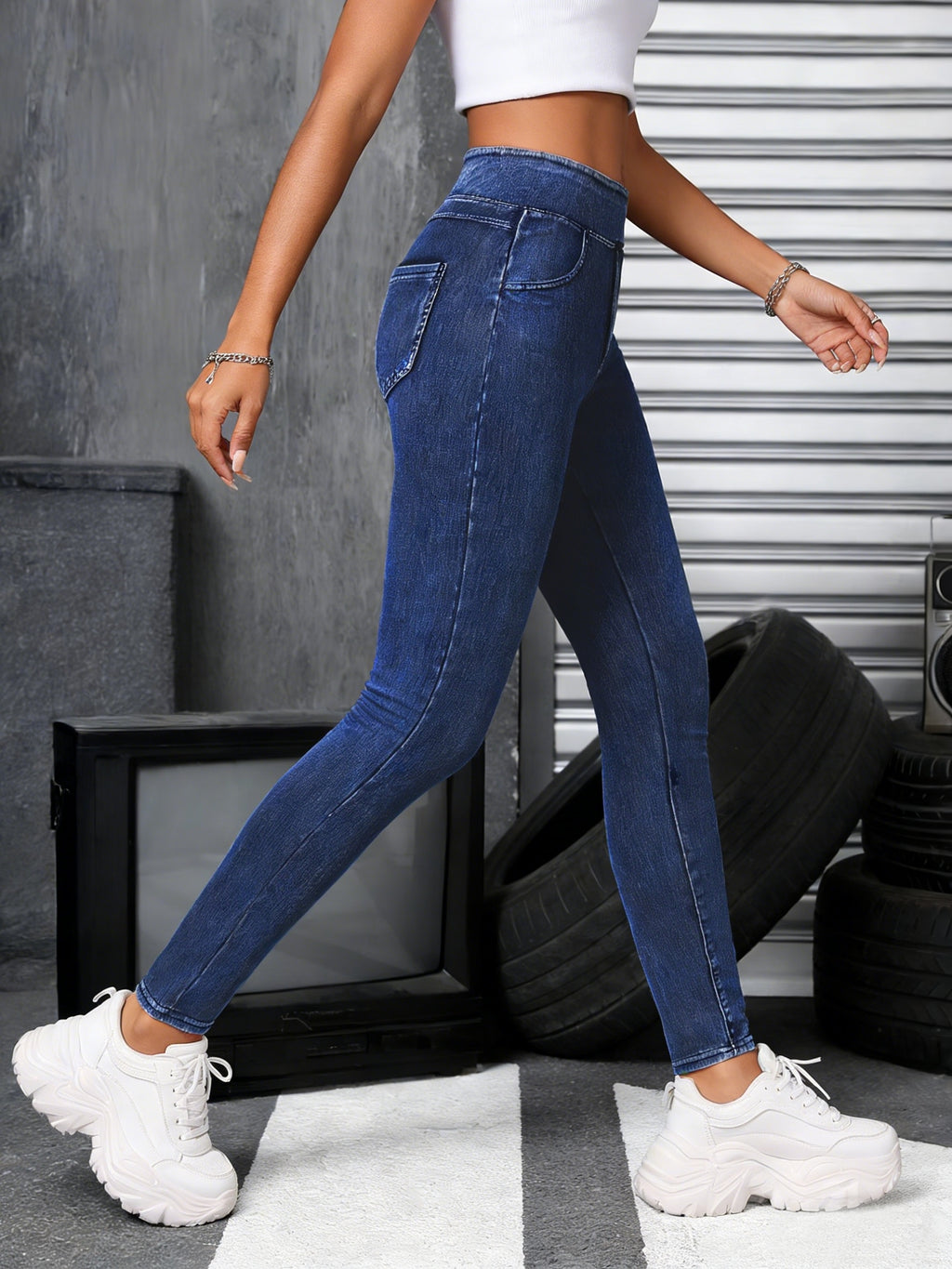 High Waist Tummy Control Jeggings Women Pull On Stretch Skinny Jean Leggings Denim Pants Black Navy Sky Blue S-XL