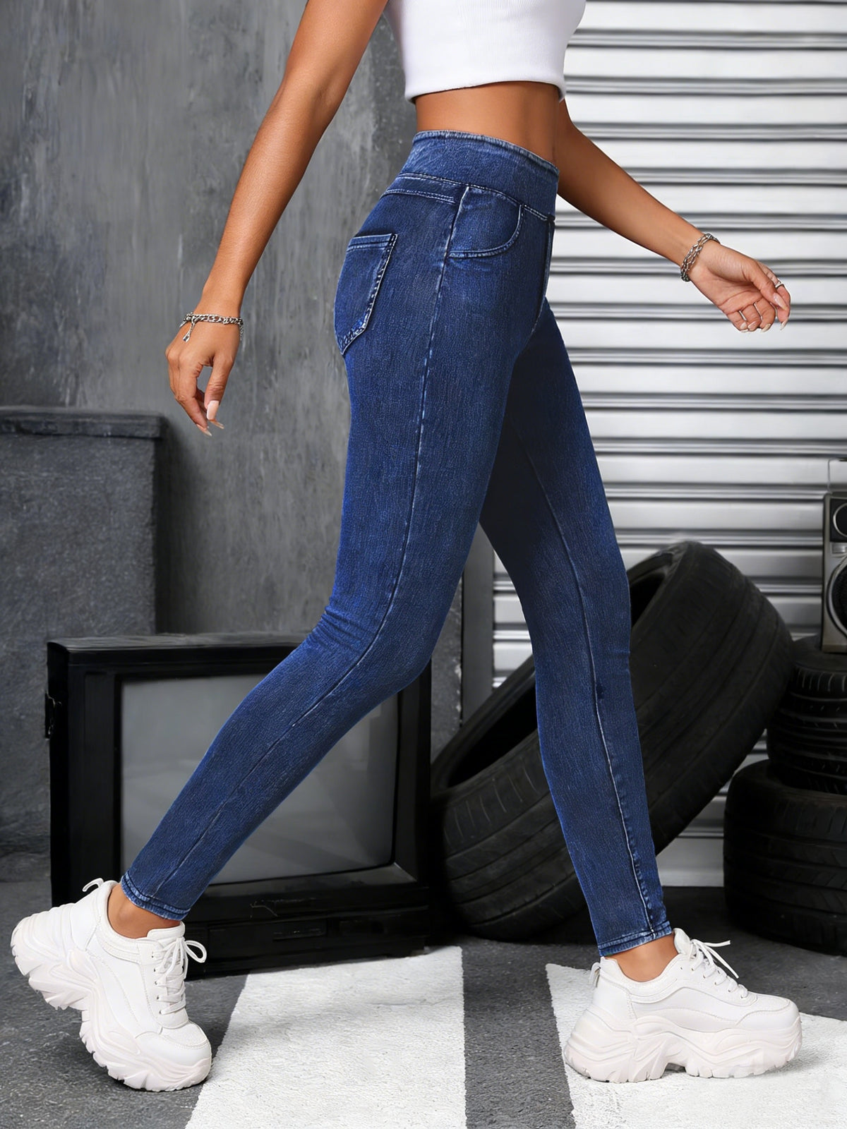 High Waist Tummy Control Jeggings Women Pull On Stretch Skinny Jean Leggings Denim Pants Black Navy Sky Blue S-XL