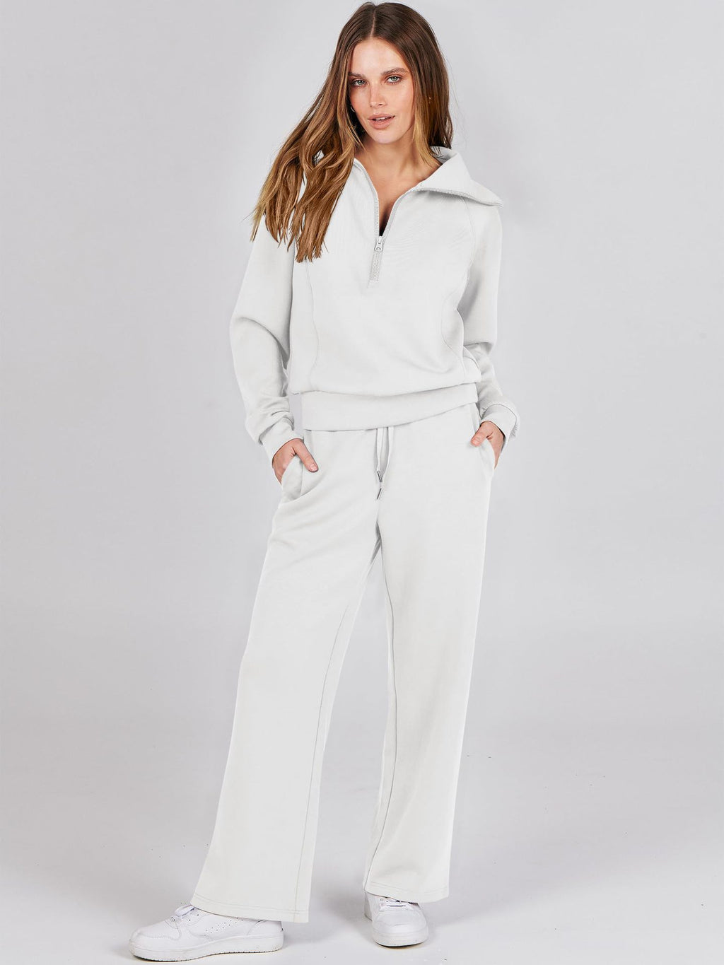 Zipper Sweatshirt Wide-Leg Pants 2 Piece Set Women Casual Tracksuit Outfit for Spring Fall - Loose Fit Jogger Co-ord Set