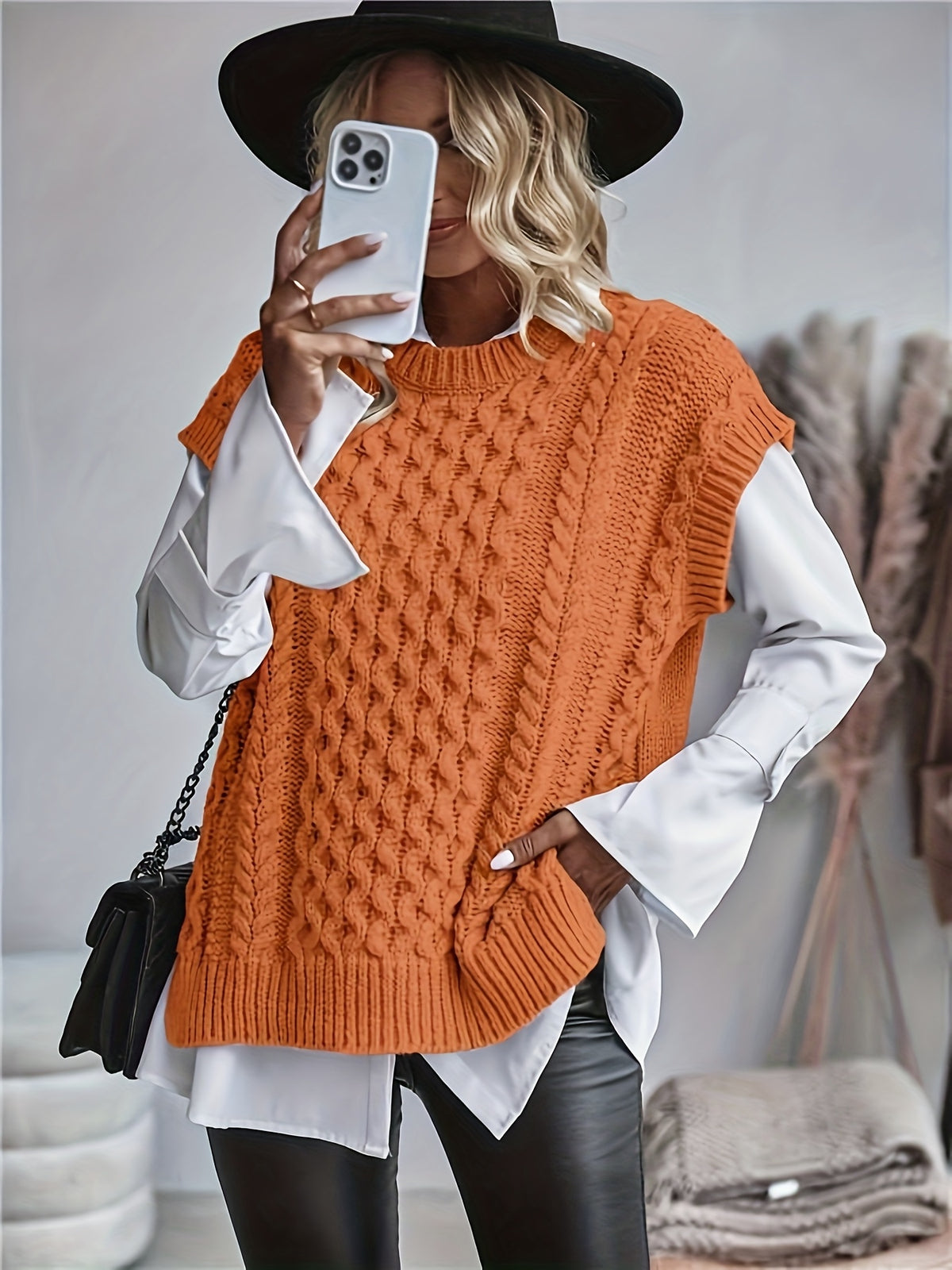 Cable Knit Sweater Vest Women Sleeveless Round Neck Slit Hem Solid Color Layering Top - Casual Semi-Formal Acrylic Knitwear Spring Summer Fall