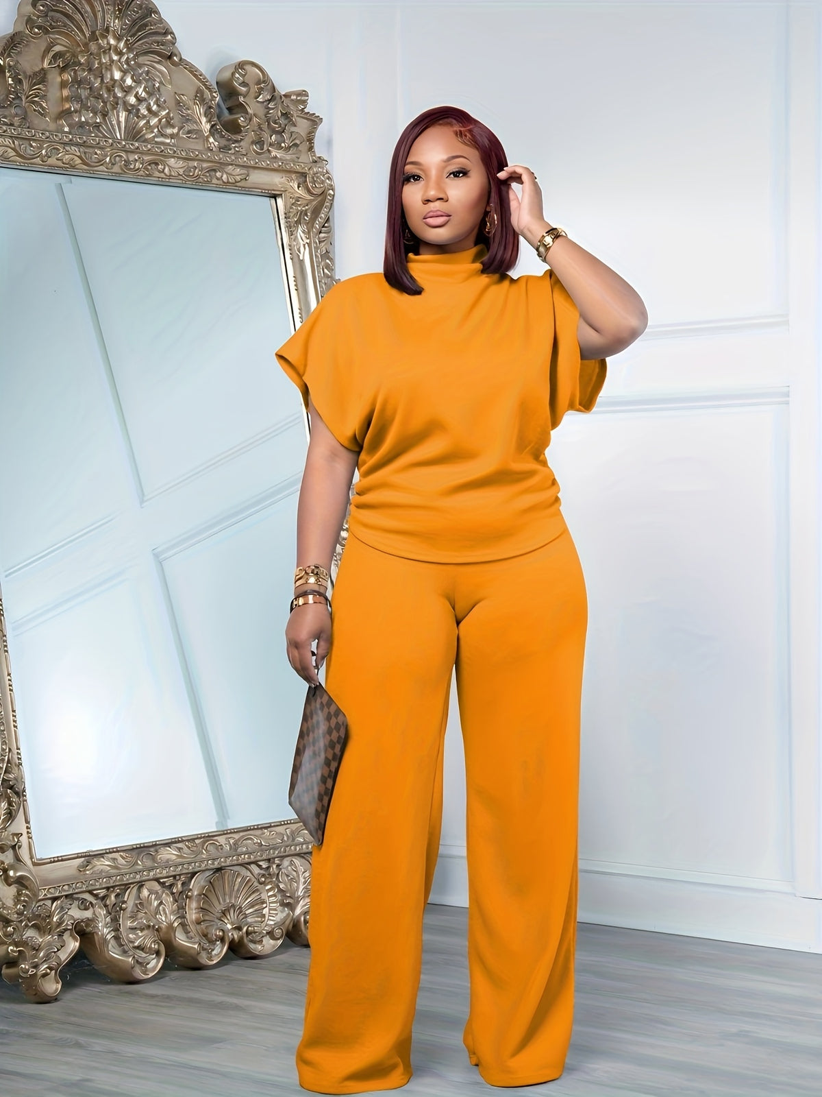 Women's Casual Sports Two-Piece Set Short Sleeve Semi-High Neck Loose Top + Wide-Leg Pants | Athleisure Tracksuit Coord for Spring Summer Daily Wear Lounge