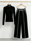 Stand Collar Contrast Trim Long Sleeve Top & Wide Leg Pants 2 Piece Set Women Elegant Matching Outfit