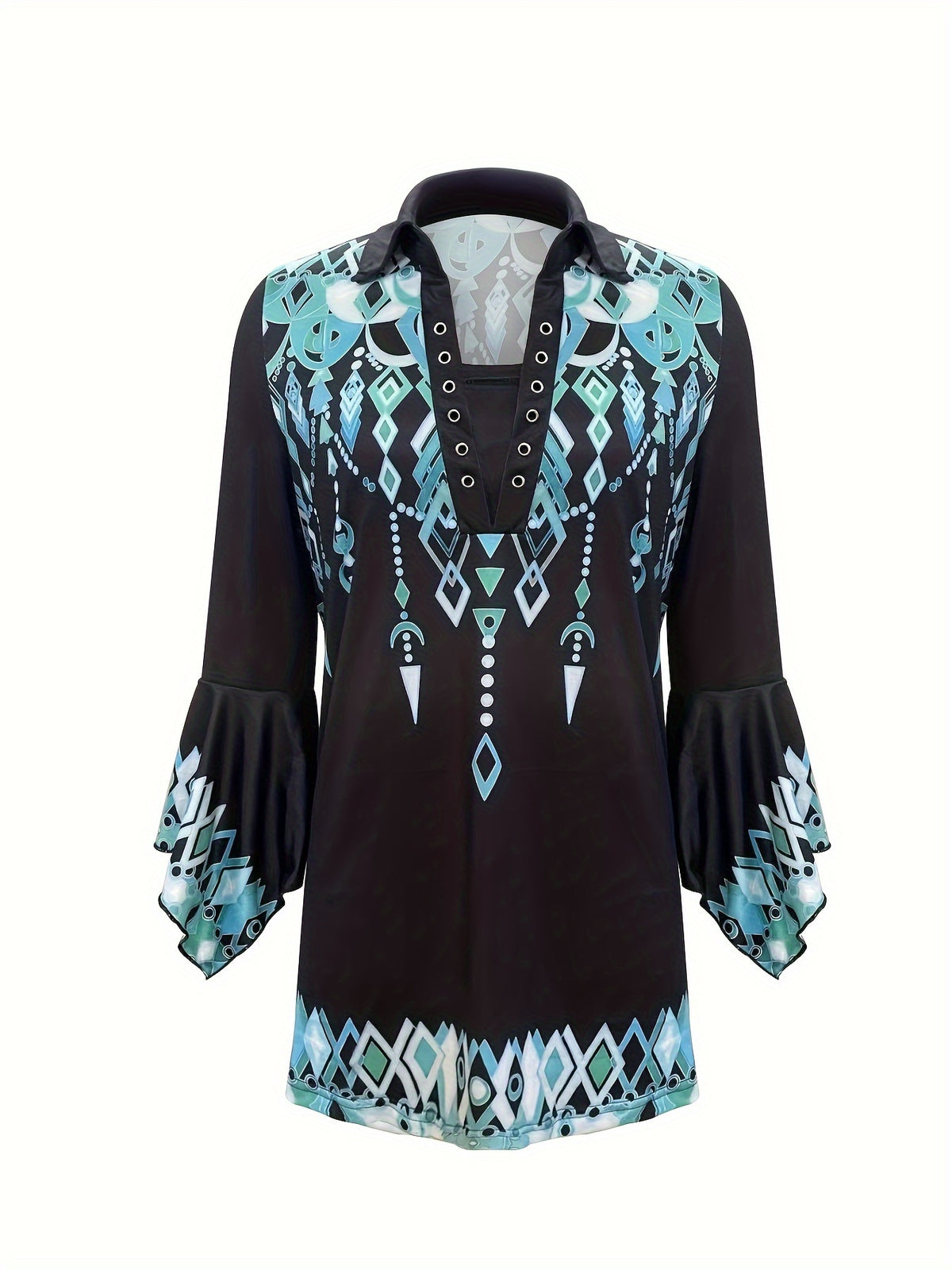 Green Printed Lapel Women Blouse Irregular Three Quarter Sleeve Button Top Casual Stretch Knit Spring Fall Shirt