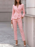 Pink Geometric Jacquard Blazer and Flared Pants 2-Piece Set Women Waist-Tailored Elegant Office Light Luxury All Season S-XXL