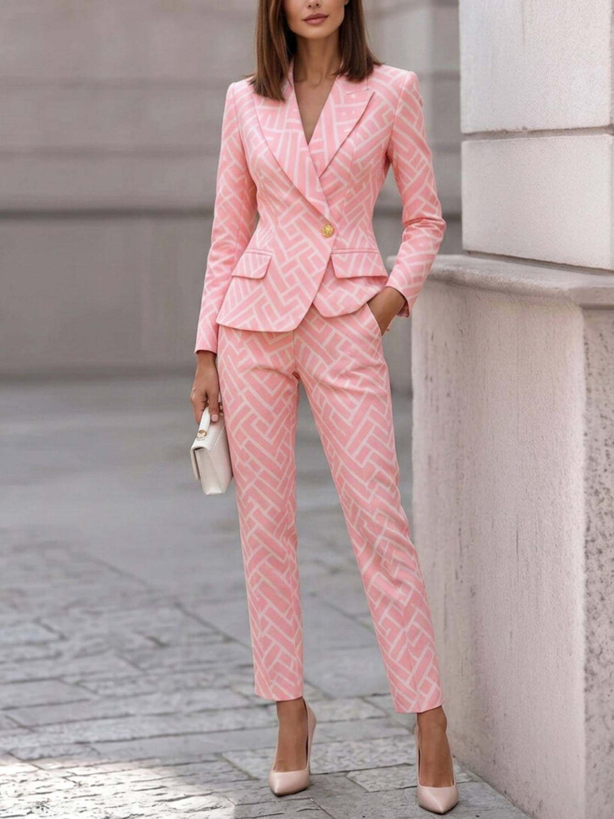 Pink Geometric Jacquard Blazer and Flared Pants 2-Piece Set Women Waist-Tailored Elegant Office Light Luxury All Season S-XXL
