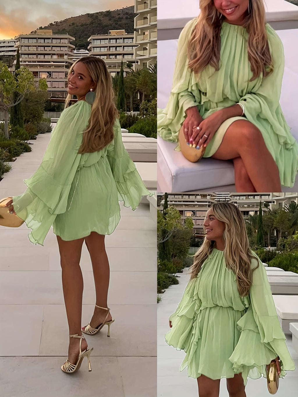 Layered Ruffle Chiffon A-Line Dress Women Loose Flowy Semi-Sheer Casual Vacation Spring Summer Dress S-XXL