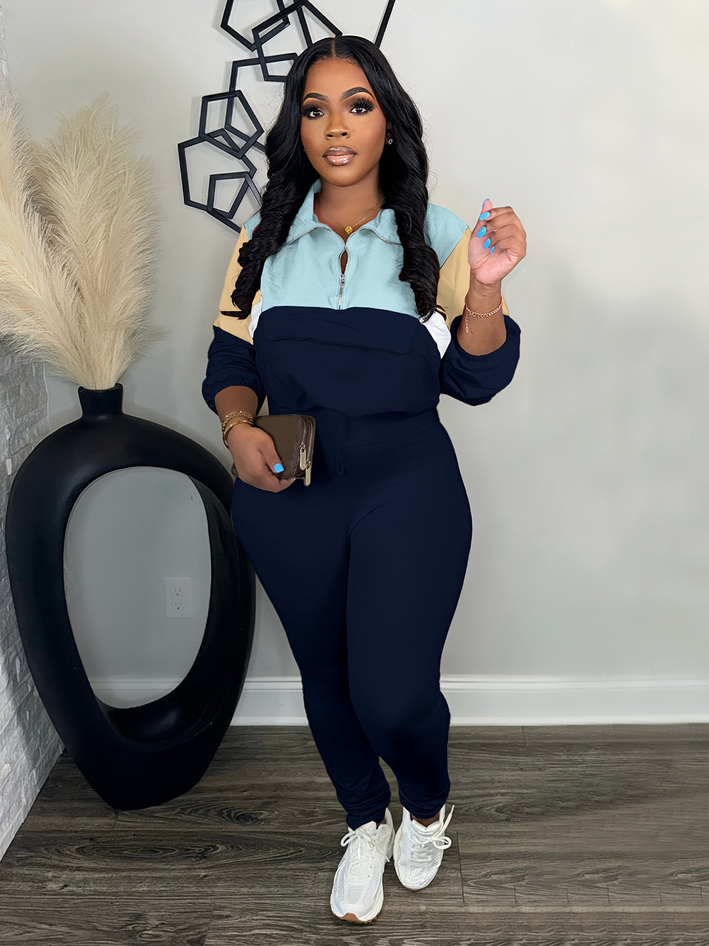 Lapel Crew Neck Sweatsuit Set for Women – Half-Zip Long Sleeve Sweatshirt & Sweatpants 2-Piece Casual Outfit, Solid Color Fall Winter Loungewear