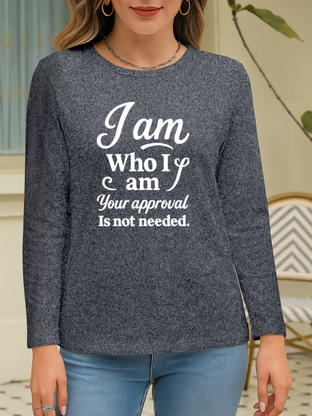 Slogan Print Long Sleeve T-Shirt Women Crew Neck Casual Graphic Tee for Travel Work Campus 100% Polyester S-XXL