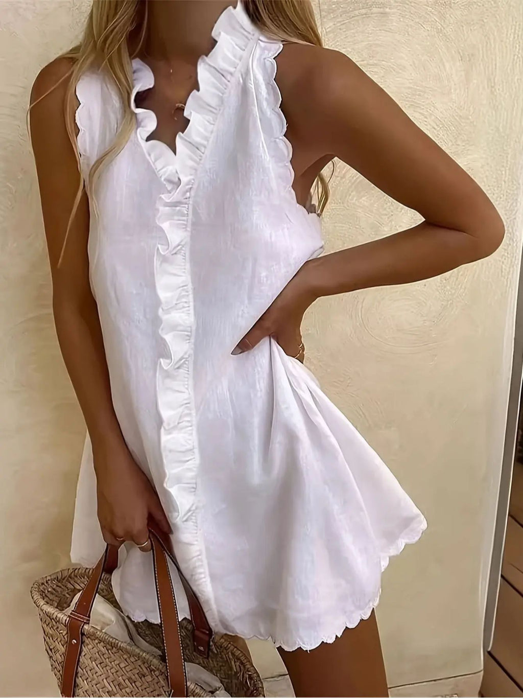 Ruffle Trim Dress Women V-Neck A-Line Solid Color Casual Mini Dress Summer Beach 4 Colors S-XXL
