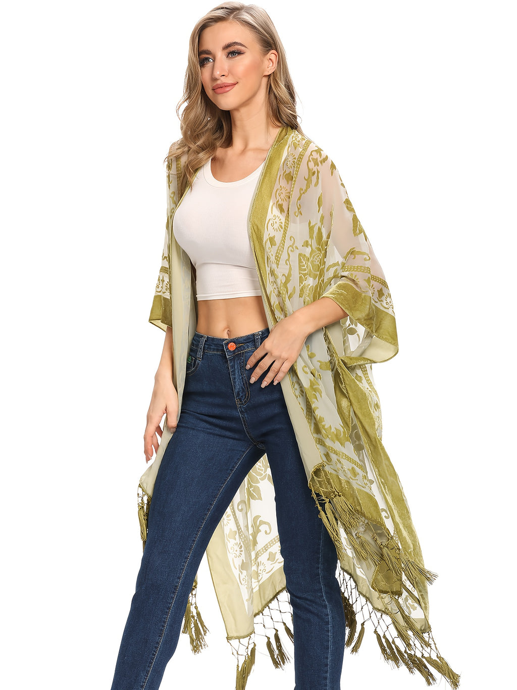 Boho Burnout Velvet Kimono Women Long Cardigan Cover Up Tassel Floral Embroidered One Size