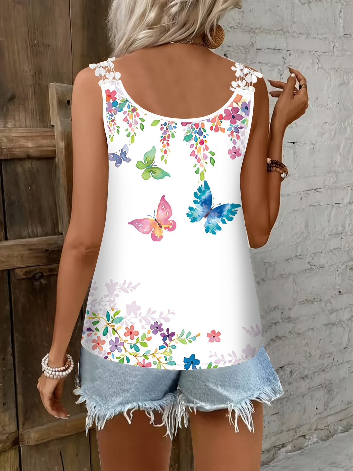 Lace Trim Camisole Women French Style V Neck Butterfly Print White Sleeveless Tank Top Elegant S-XXL