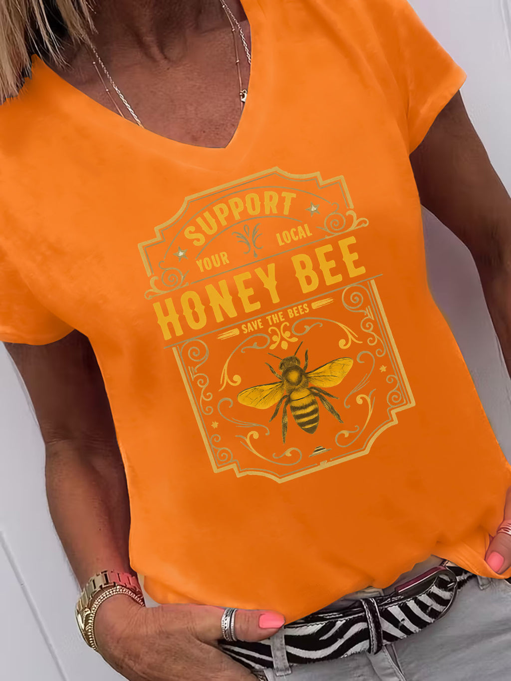 Women's Graphic V-Neck Tee Support Local Honey Bee Save The Bees Short Sleeve Top Loose Fit Casual T-Shirt Multi Color