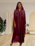 Rhinestone Batwing Sleeve Shawl Tunic Women Plus Size Semi-Sheer Mesh Blouse Beaded Slit Hem Middle Eastern Style Wedding Party Top
