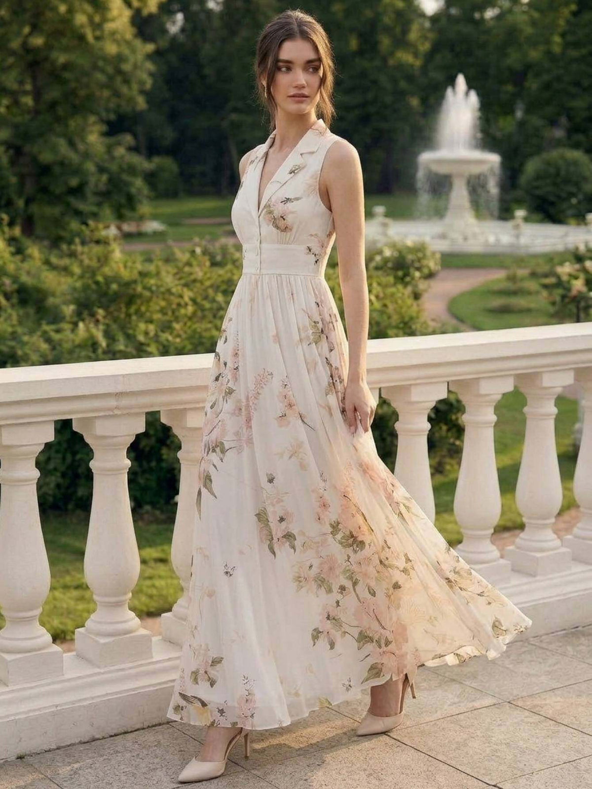 Vintage Print Lapel Dress Women Sleeveless Waist-Cinching Elegant A-Line Dress Spring Summer Date Afternoon Tea Semi-Formal Dress S-XXL