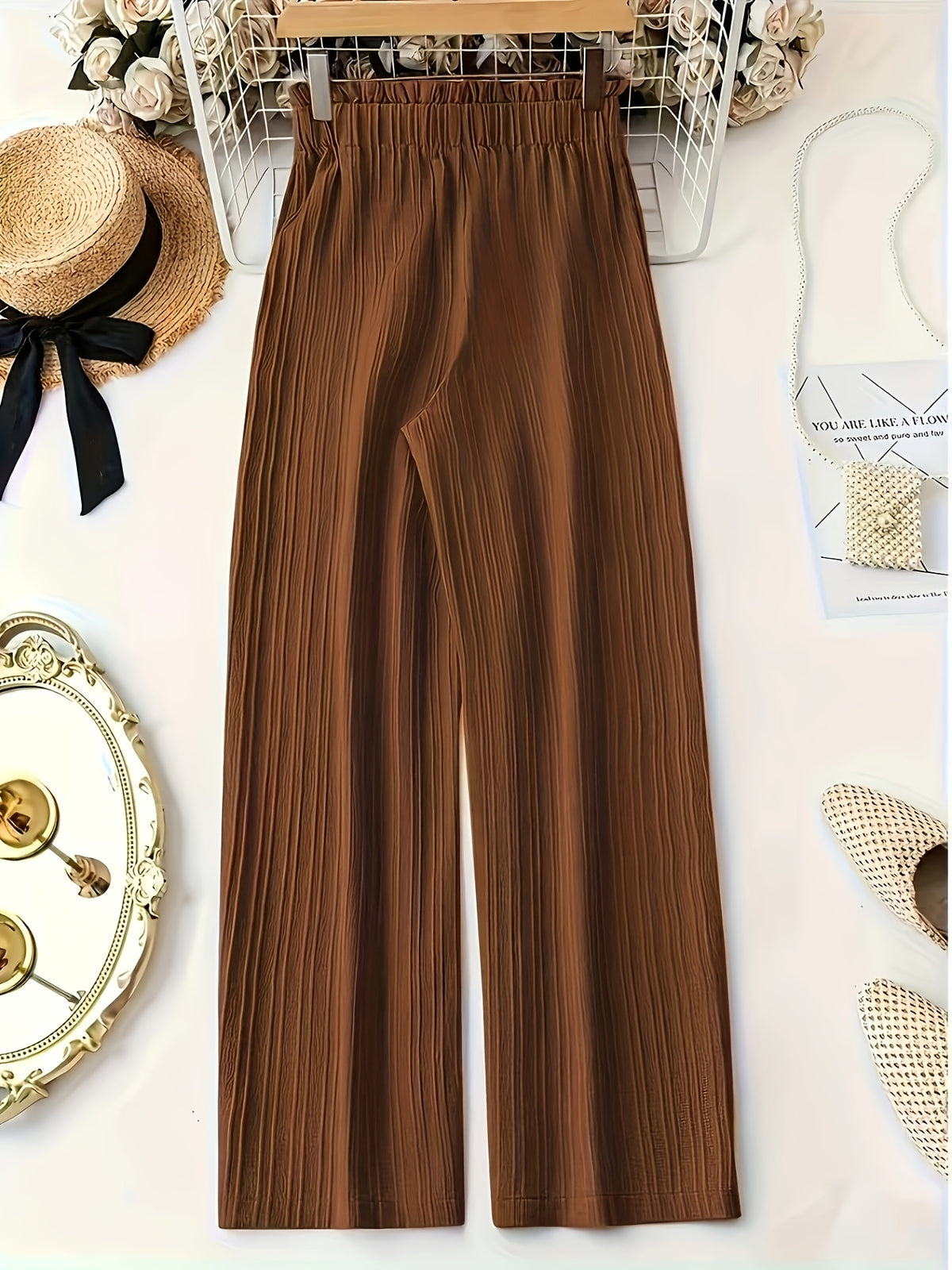 Pleated Wide Leg Pants Women 3 Pack Bow Elastic Waist Loose Straight Leg Long Trousers Spring Summer Daily Commute Casual Versatile S-XXL